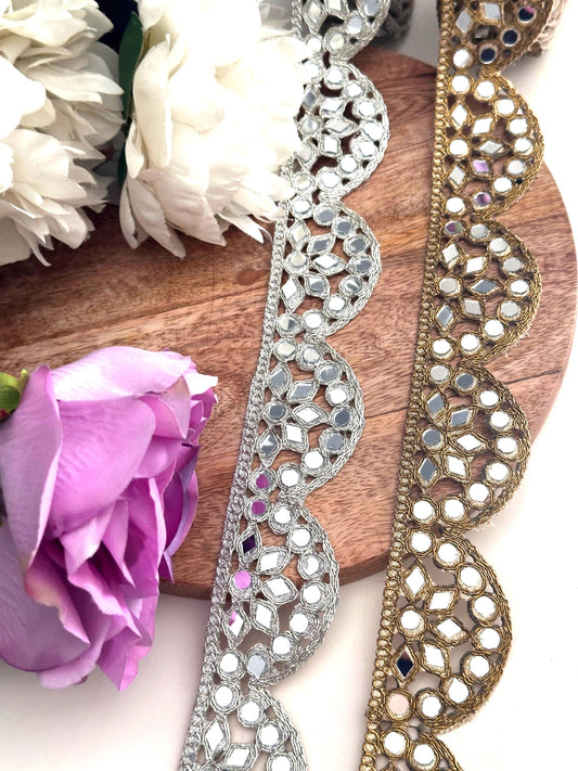 Indian Silver Mirror Work Border Scalloped Zari Mirror Trim Choker Band