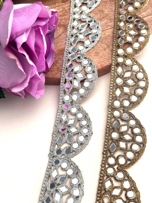 Indian Silver Mirror Work Border Scalloped Zari Mirror Trim Choker Band