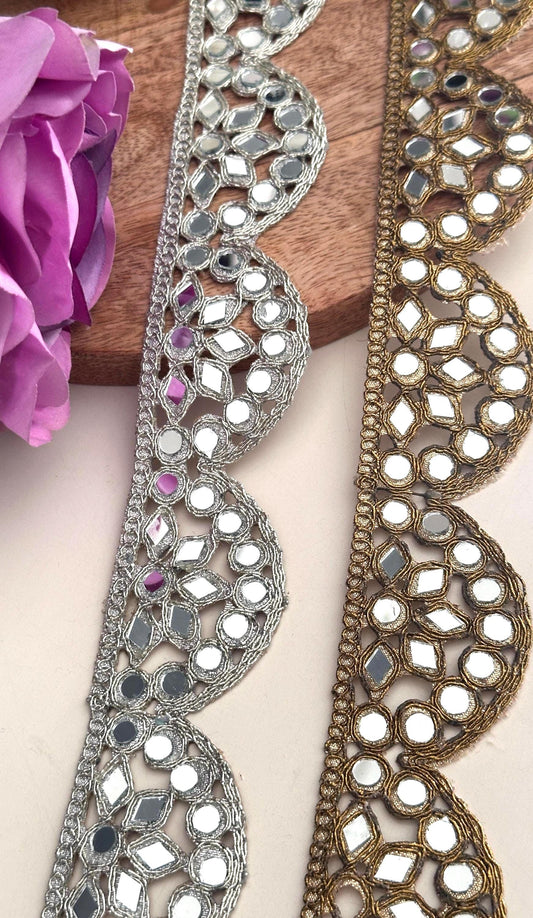 Indian Mirror Work 4.5cm Antique gold Scalloped Zari Mirror Trim Choker Band