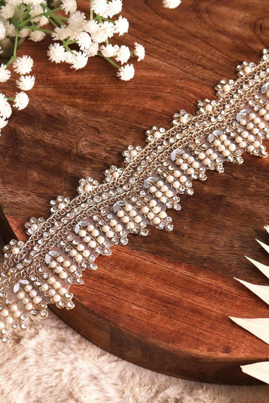 Exquisite Beaded Lace Pearl Zircon Scalloped Embroidery Lace For Bridal Veil Sash