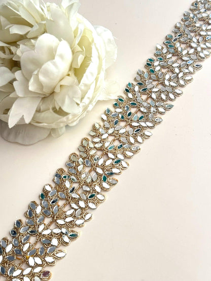 Gold Zari & Mirror Cutwork Vine Border saree trim 4cm Mirror Embroidery Lace Choker Wedding Dress
