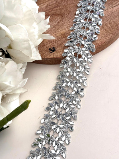 Cutwork Mirror Metallic Vine Border Indian Embroidery Saree Trim Silver Mirror