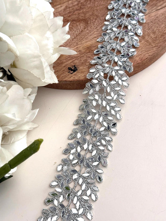 Cutwork Mirror Metallic Vine Border Indian Embroidery Saree Trim Silver Mirror