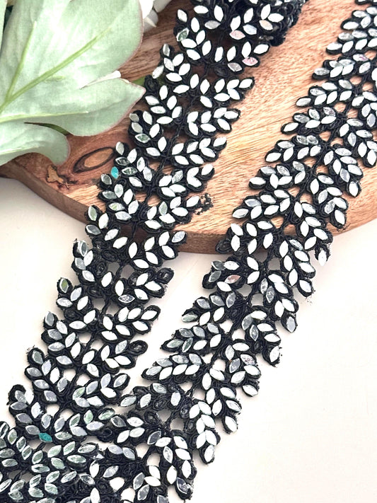 Gothic Black Real Mirror Cutwork Vine Border Saree Trim Indian Mirror Embroidery Lace