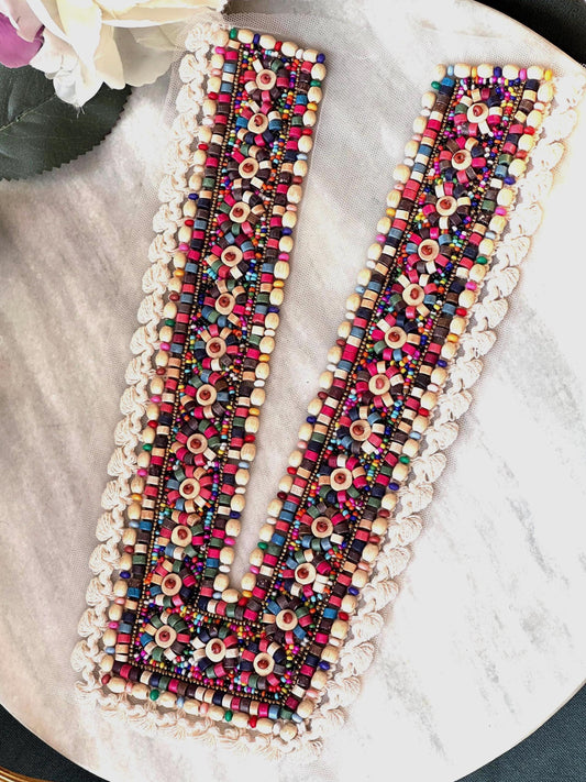 Neckline Patch Applique Colourful Boho Dress Wooden Bead Work Patch