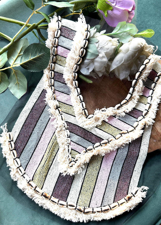 Neckline Patch Sew On Hand Embroidered Beadwork Glass Bead With Shell Lace