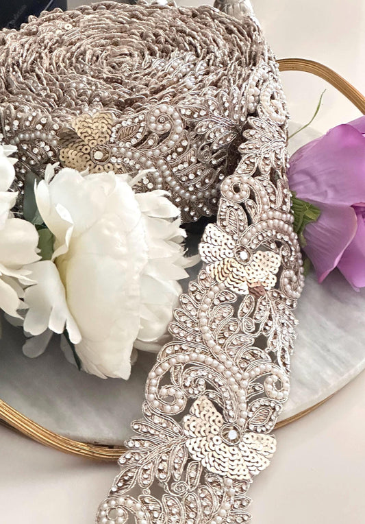Handcrafted Indian Pearl Embroidery Border for Wedding Sari Vintage-Inspired Zircon Cutwork