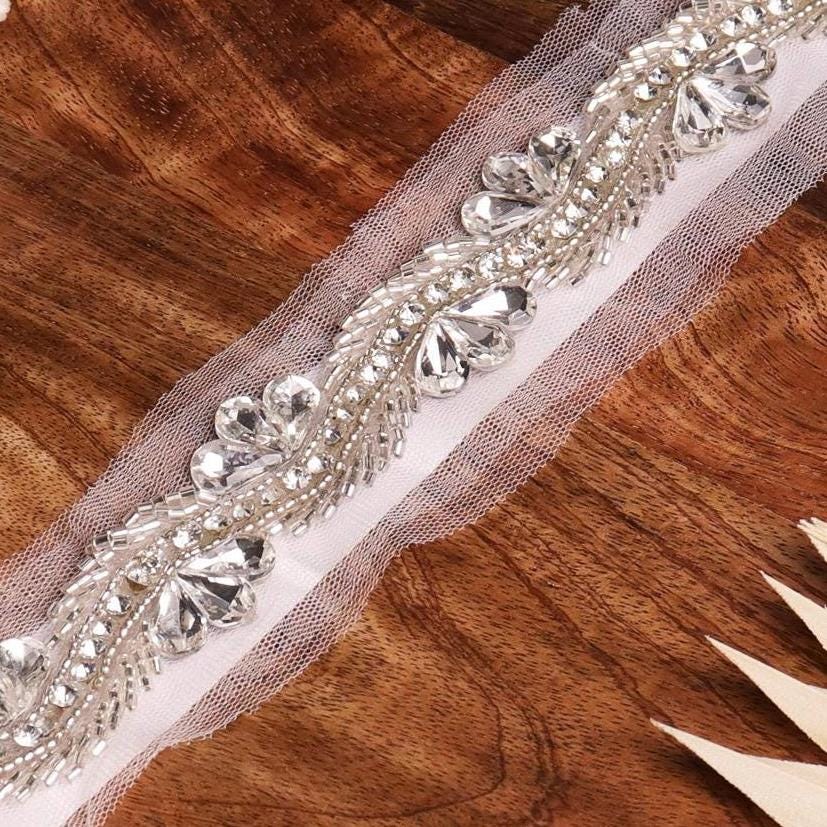 Elegant Silver Rhinestone Crystal Beaded Trim Premium Bridal Decorative applique Lace Fabric Edge