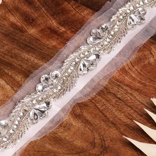 Elegant Silver Rhinestone Crystal Beaded Trim Premium Bridal Decorative applique Lace Fabric Edge