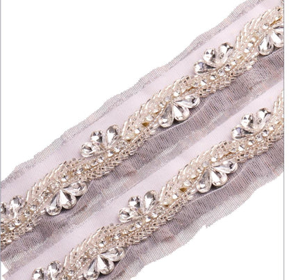 Elegant Silver Rhinestone Crystal Beaded Trim Premium Bridal Decorative applique Lace Fabric Edge