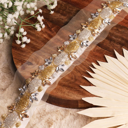 Hand Embroidered Trim Rhinestone Lace Bridal Couture Trim For Wedding Gown Veil