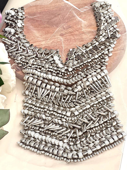 Metal Beaded Costume Neckline Patch Hand Made Collar Design Applique Neckline Trim Beaded Patch