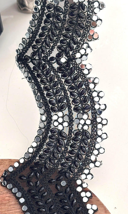 Broad Belt Black Beaded 8cm Scallop Mirror Trim Glamourous Indian Embroidered