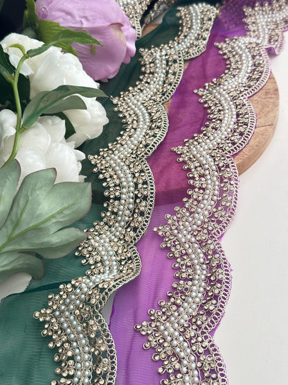 Beautiful Pearl Beaded Zircon Scalloped Tule Lace Sari Border Embellished Wedding Veil Trim