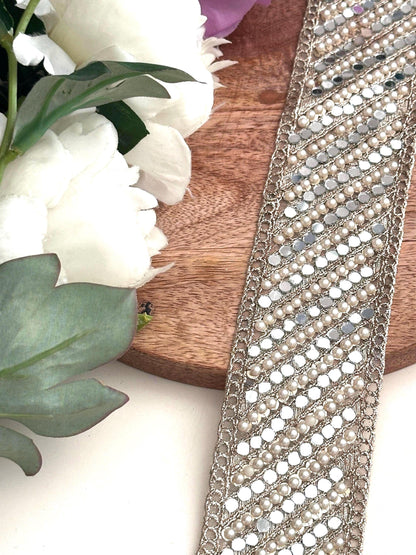 Beautiful Pearl Beaded Mirror Zari Trim Indian Embroidery Sari Border Embellished