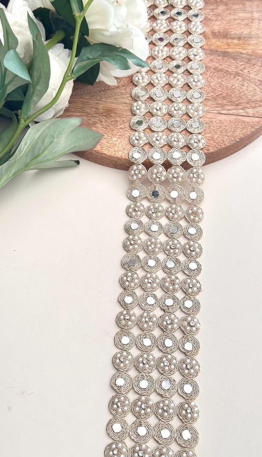 Exquisite Pearl & Mirror Work Lace Trim Handcrafted Border for Wedding Dress Costume Design
