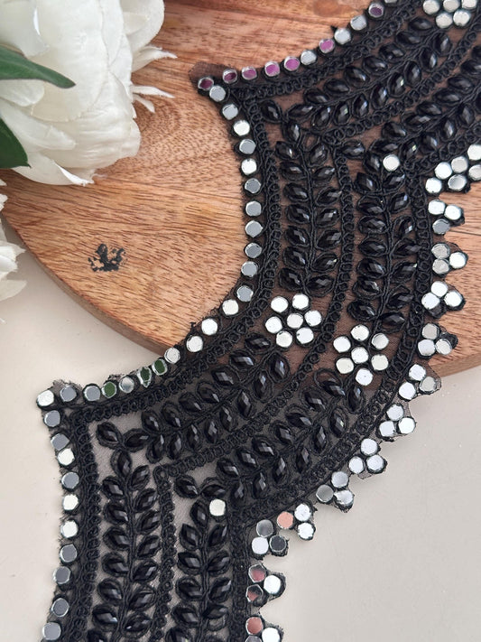 Broad Belt Black Beaded 8cm Scallop Mirror Trim Glamourous Indian Embroidered