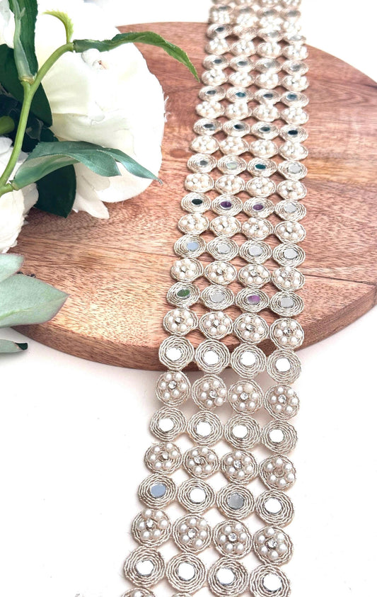 Exquisite Pearl & Mirror Work Lace Trim Handcrafted Border for Wedding Dress Costume Design