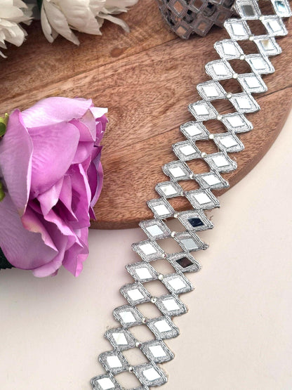 Mirror Geometric pattern Indian hand crafted 4cm border 2 line mirror belt For Chokers saree