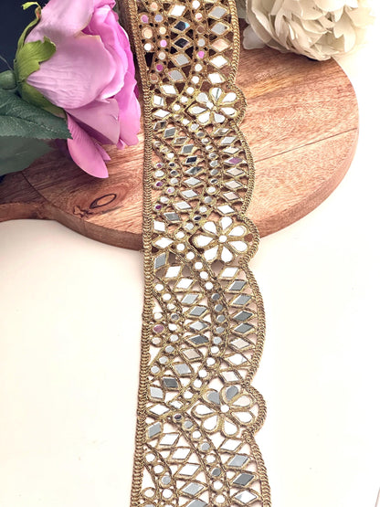 Broad Belt Dull Gold 7cm Scallop Mirror Trim Glamourous Indian Embroidered