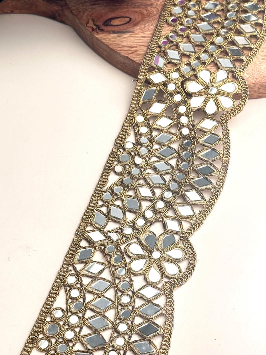 Broad Belt Dull Gold 7cm Scallop Mirror Trim Glamourous Indian Embroidered