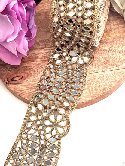 Broad Belt Dull Gold 7cm Scallop Mirror Trim Glamourous Indian Embroidered