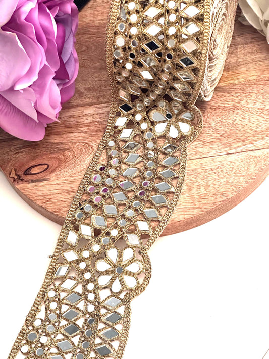 Broad Belt Dull Gold 7cm Scallop Mirror Trim Glamourous Indian Embroidered