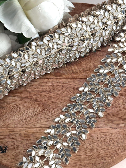 Gold Zari & Mirror Cutwork Vine Border saree trim 4cm Mirror Embroidery Lace Choker Wedding Dress