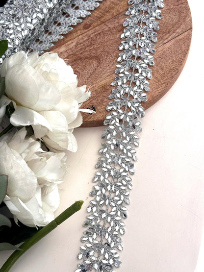Cutwork Mirror Metallic Vine Border Indian Embroidery Saree Trim Silver Mirror