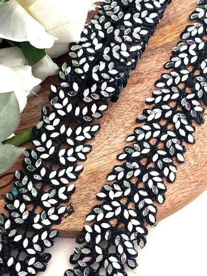 Gothic Black Real Mirror Cutwork Vine Border Saree Trim Indian Mirror Embroidery Lace