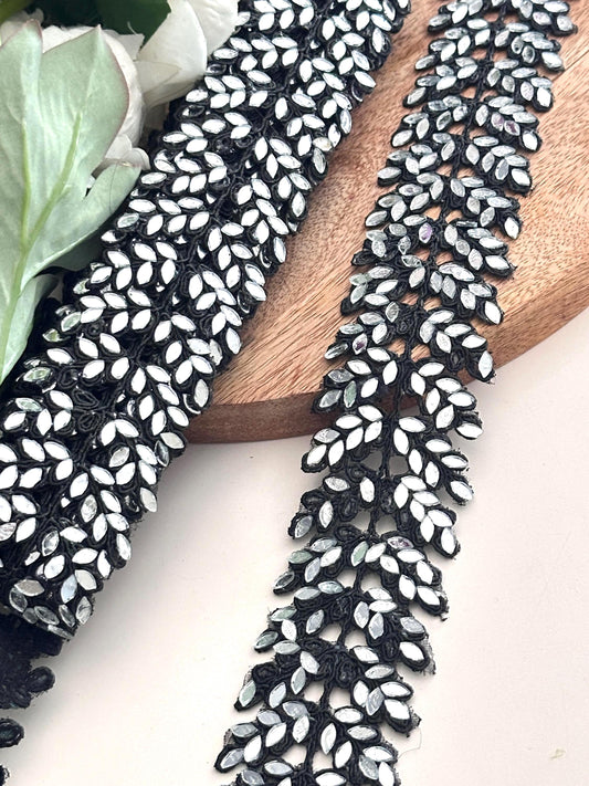 Gothic Black Real Mirror Cutwork Vine Border Saree Trim Indian Mirror Embroidery Lace