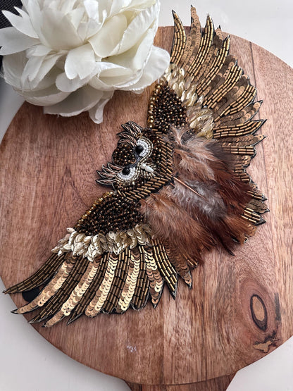 Owl Hand Embroidery Rhinestone Patch Feather Applique Beaded Bird Patch