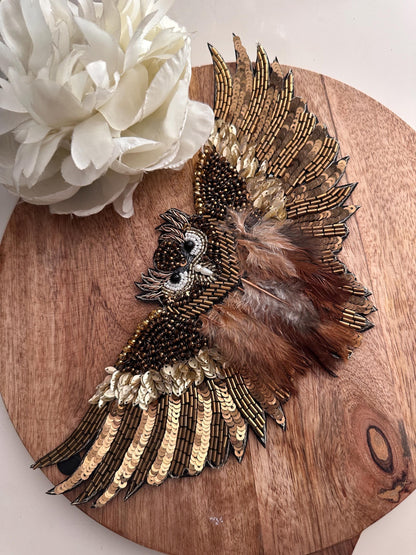 Owl Hand Embroidery Rhinestone Patch Feather Applique Beaded Bird Patch