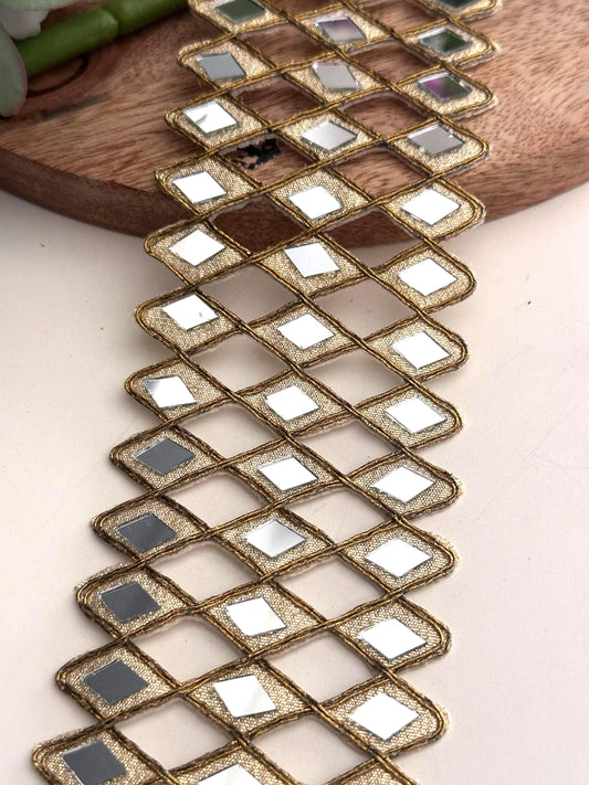 Mirror Indian Hand Crafted Border Gold  Zari Mirror Belt 6cm Wide For Dresses Weddng Wear
