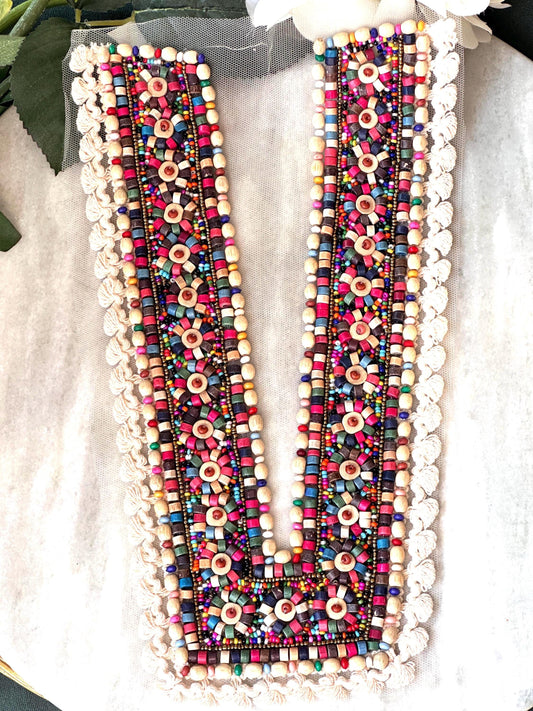 Neckline Patch Applique Colourful Boho Dress Wooden Bead Work Patch