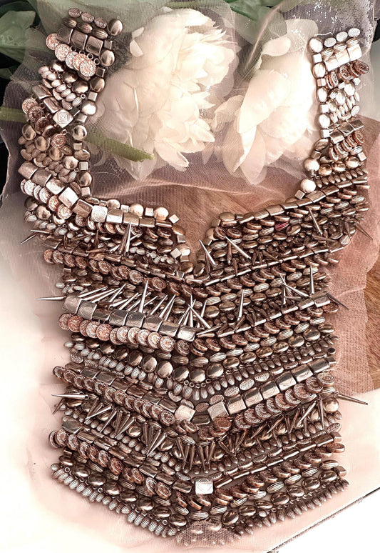 Metal Beaded Costume Neckline Patch Hand Made Collar Design Applique Neckline Trim Beaded Patch