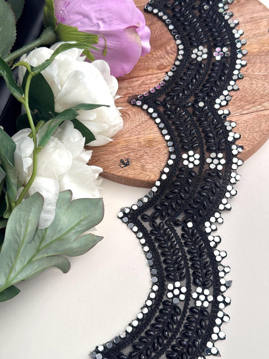 Broad Belt Black Beaded 8cm Scallop Mirror Trim Glamourous Indian Embroidered