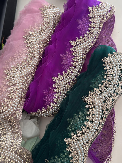 Beautiful Pearl Beaded Zircon Scalloped Tule Lace Sari Border Embellished Wedding Veil Trim