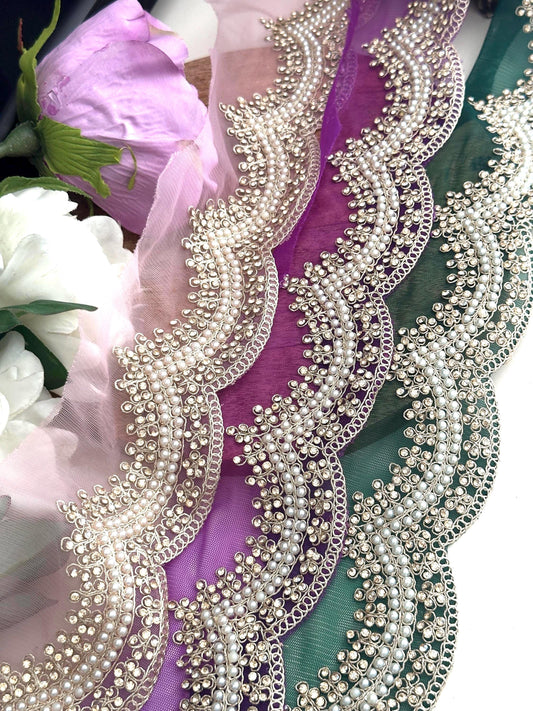 Beautiful Pearl Beaded Zircon Scalloped Tule Lace Sari Border Embellished Wedding Veil Trim