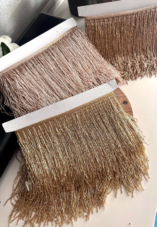 Gold Glass Bugle Bead Fringe Trim By Yard  Costume Dress Lace Lamp Trim Beaded Tassel