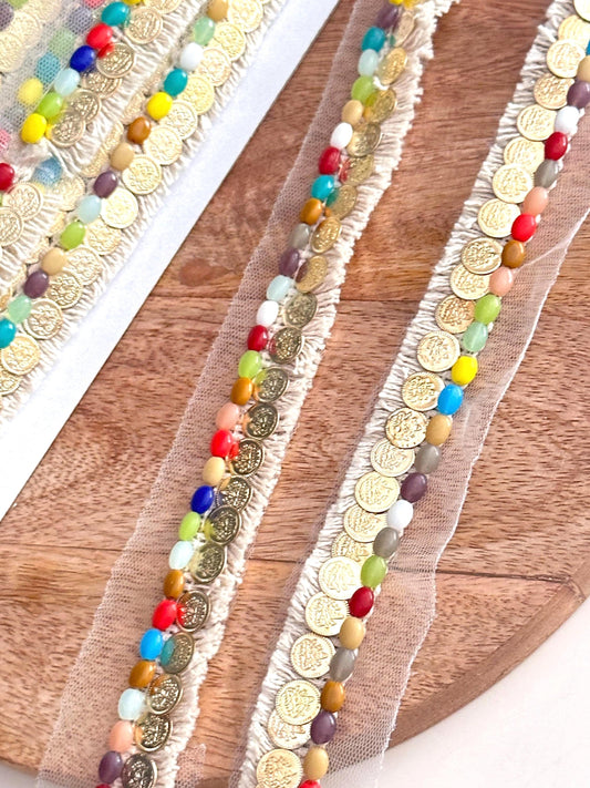 Coin & Colorful Bead Trim Handcrafted Boho Fringe with Sheer Mesh Costume cotton tassel