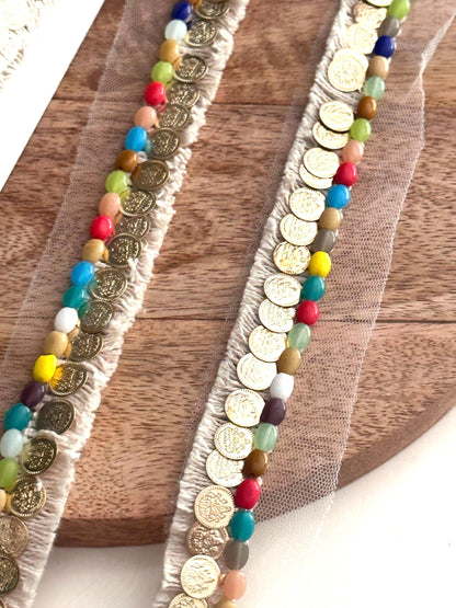 Coin & Colorful Bead Trim Handcrafted Boho Fringe with Sheer Mesh Costume cotton tassel