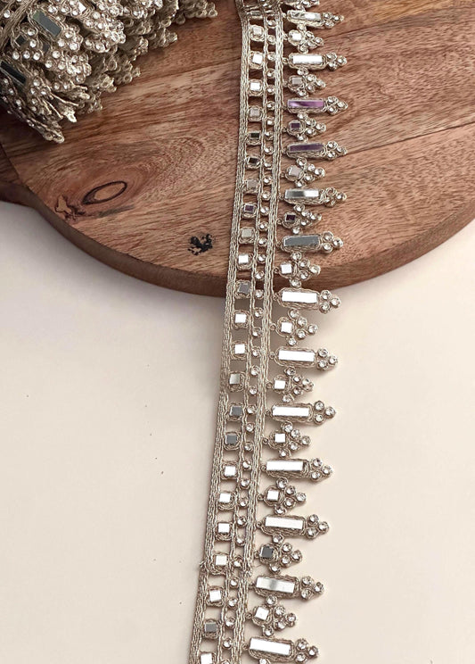 Geometric Mirrored Trim Zircon Embellished lace  Border Bridal & Costume Applique
