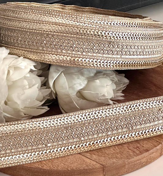 Handwoven Zari Trim Gold Sequin Lace Indian Crafting Lace In Metallic Thread for Sari Borders