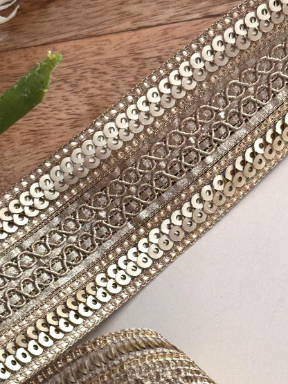 Handwoven Zari Trim Gold Sequin Lace Indian Crafting Lace In Metallic Thread for Sari Borders