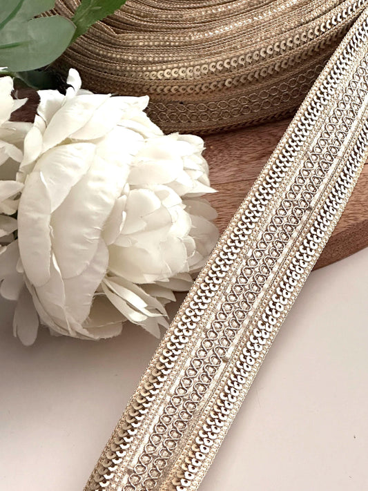 Handwoven Zari Trim Gold Sequin Lace Indian Crafting Lace In Metallic Thread for Sari Borders