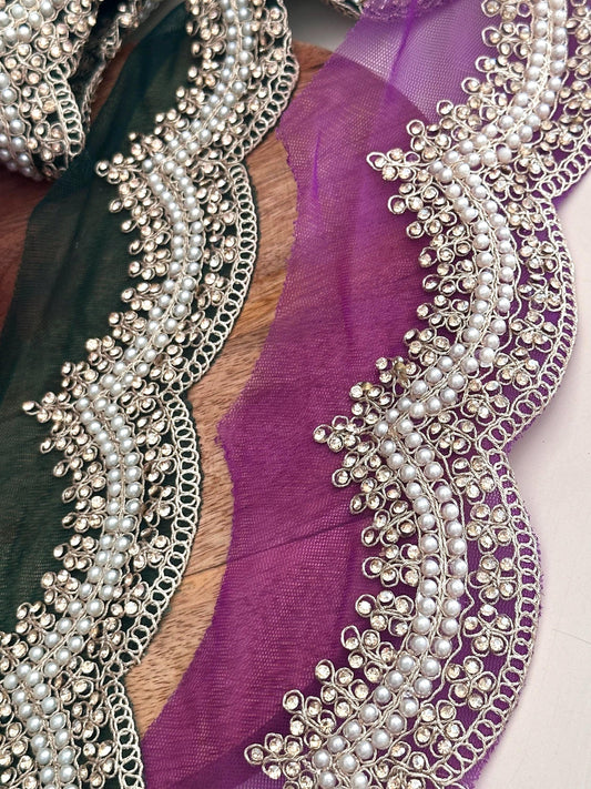 Beautiful Pearl Beaded Zircon Scalloped Tule Lace Sari Border Embellished Wedding Veil Trim