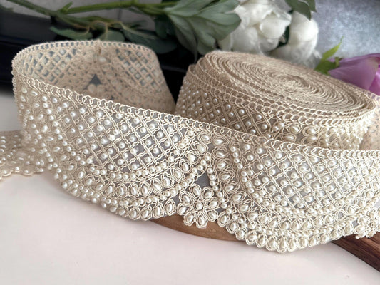 White Pearl Beaded Scallop Trim Broad Fabric Lace Bridal Sash For Wedding Veil Flower Girl Dress