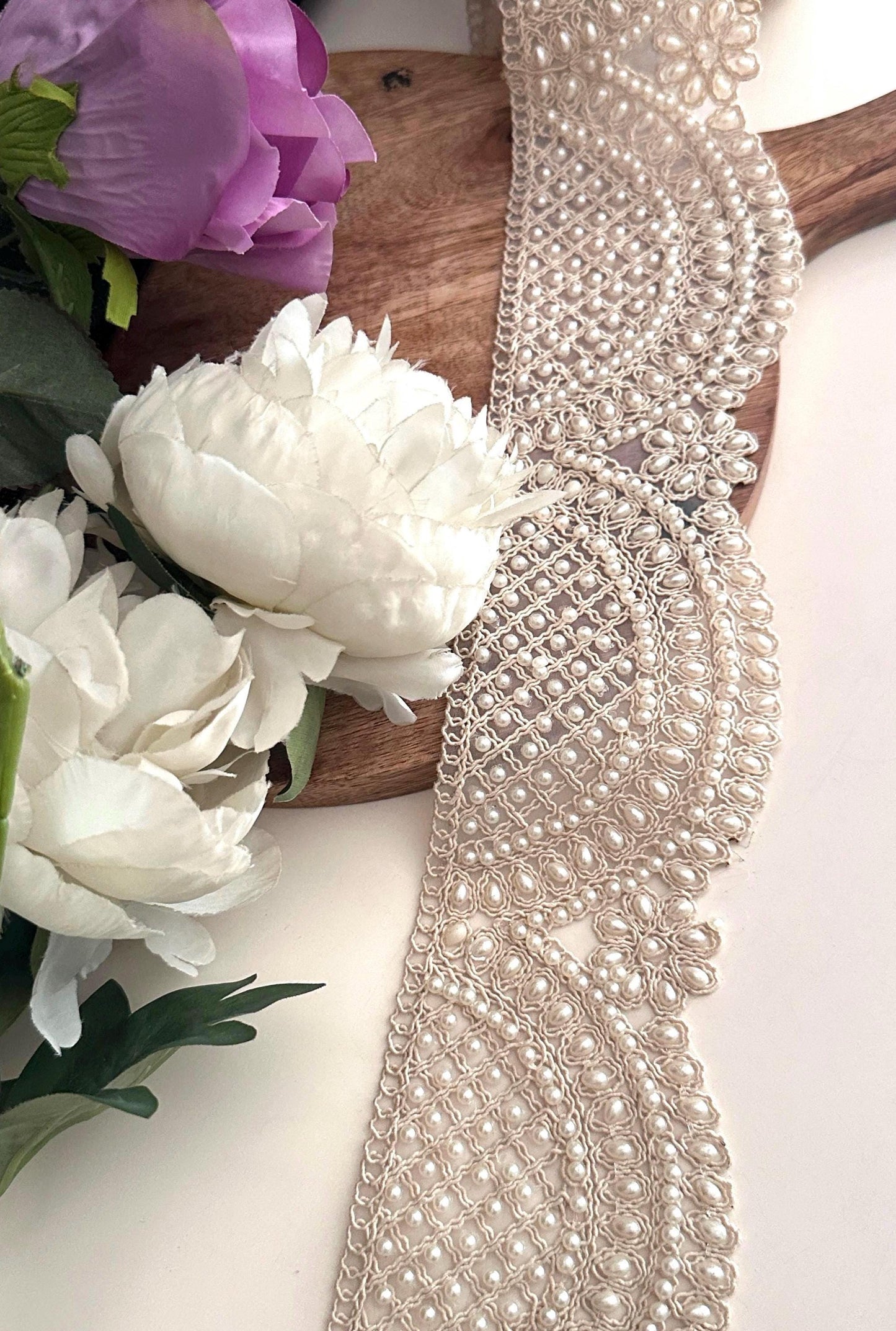 White Pearl Beaded Scallop Trim Broad Fabric Lace Bridal Sash For Wedding Veil Flower Girl Dress