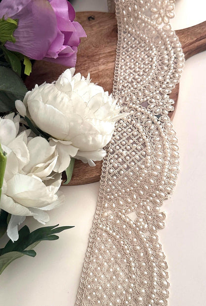 White Pearl Beaded Scallop Trim Broad Fabric Lace Bridal Sash For Wedding Veil Flower Girl Dress